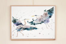 Load image into Gallery viewer, 30” x 40&quot; original watercolor painting on canvas in 32&quot; x 42&quot; natural maple solid wood floater frame. Large-scale expressive pair of two flying great blue heron birds. Expressive, impressionist, loose, watery, flowing, ethereal, minimalist, modern style with painterly drips and splatters by contemporary fine artist Elizabeth Becker. Monochromatic dark blue, lavender purple, gray and white colors.
