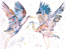 Load image into Gallery viewer, 30" x 40" original watercolor painting on canvas of two flying herons. Pair of cranes or egrets in flight. Varnished and ready-to-hang. Expressive, impressionist, loose, watery, ethereal, minimalist, modern style by contemporary fine artist Elizabeth Becker. Prints available. Soft teal blue, turquoise, peach, light. pink and white colors.
