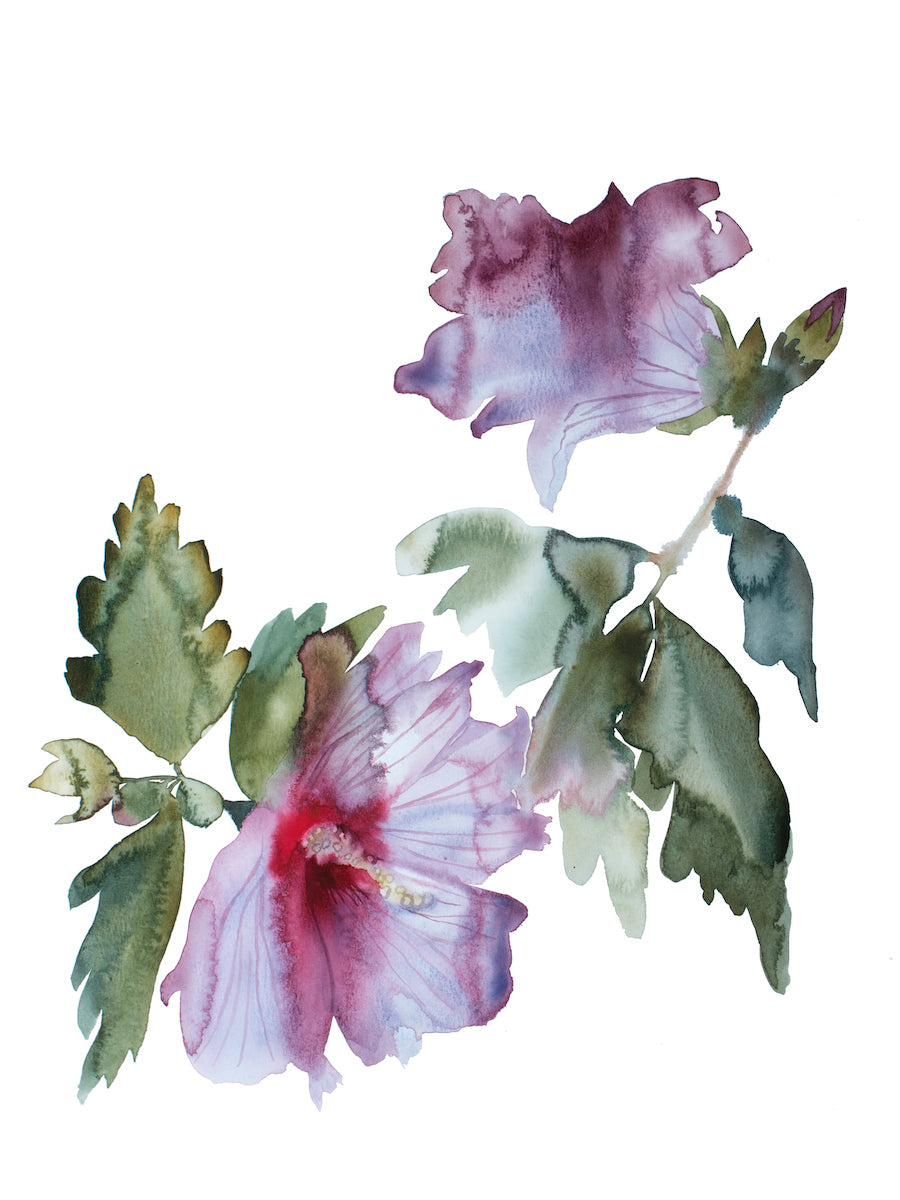 18” x 24” original watercolor botanical hibiscus floral painting in an expressive, impressionist, minimalist, modern style by contemporary fine artist Elizabeth Becker. Muted purple, dark green and white colors.