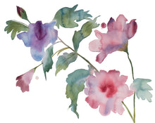 Load image into Gallery viewer, 16” x 20” original watercolor botanical hibiscus floral painting in an expressive, impressionist, minimalist, modern style by contemporary fine artist Elizabeth Becker. Soft muted pink, purple, dark green and white colors.
