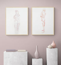Load image into Gallery viewer, 18&quot; x 24&quot; original watercolor abstract nude  pair of figure gesture paintings in an ethereal, expressive, impressionist, minimalist, modern style by contemporary fine artist Elizabeth Becker. Soft pastel mauve purple, pale pink and white colors.
