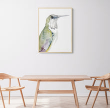 Load image into Gallery viewer, 5” x 7” original watercolor wildlife nature hummingbird painting in an ethereal, expressive, impressionist, minimalist, modern style by contemporary fine artist Elizabeth Becker. Soft pastel olive green, purple, gray and white colors.
