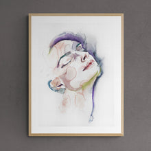 Load image into Gallery viewer, 22&quot; x 30&quot; large-scale original watercolor portrait painting in an expressive, impressionist, minimalist, modern style by contemporary fine artist Elizabeth Becker. Soft watery peach, green, purple and white colors.
