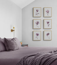 Load image into Gallery viewer, 9” x 12” original botanical rose flower, floral ink painting in an expressive, impressionist, minimalist, modern style by contemporary fine artist Elizabeth Becker. Soft watery mauve, eggplant, plum purple and white colors. Wall art collage collection.

