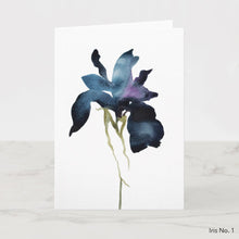 Load image into Gallery viewer, Greeting card featuring print of watercolor painting by contemporary artist Elizabeth Becker. Blank inside for any occasion. Botanical, floral, iris flower. Expressive, impressionist, minimalist, modern. Dark blue, purple, black, olive green and white colors.  Loose, expressive, minimalist, modern watercolor art.
