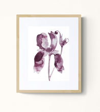 Load image into Gallery viewer, 9&quot; x 12&quot; original ink botanical iris flower painting in an expressive, loose, watery, minimalist, modern style by contemporary fine artist Elizabeth Becker. Prints available. Muted moody plum purple and burgundy colors with white background. Framed.
