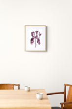 Load image into Gallery viewer, 9&quot; x 12&quot; original ink botanical iris flower painting in an expressive, loose, watery, minimalist, modern style by contemporary fine artist Elizabeth Becker. Prints available. Muted moody plum purple and burgundy colors with white background. Framed.
