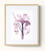 Load image into Gallery viewer, 9&quot; x 12&quot; original ink botanical iris flower painting in an expressive, loose, watery, minimalist, modern style by contemporary fine artist Elizabeth Becker. Prints available. Soft muted monochromatic mauve purple, black and white colors. Framed.
