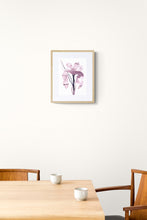 Load image into Gallery viewer, 9&quot; x 12&quot; original ink botanical iris flower painting in an expressive, loose, watery, minimalist, modern style by contemporary fine artist Elizabeth Becker. Prints available. Soft muted monochromatic mauve purple, black and white colors. Framed in dining room.
