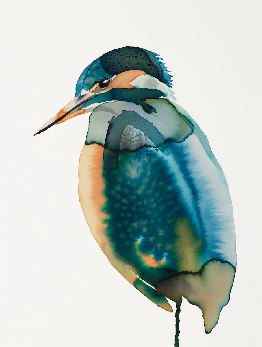 9” x 12” original watercolor wildlife nature kingfisher bird portrait in a loose, expressive, impressionist, minimalist, modern style by contemporary fine artist Elizabeth Becker. Dark blue, teal, turquoise, light orange, olive green and white colors.