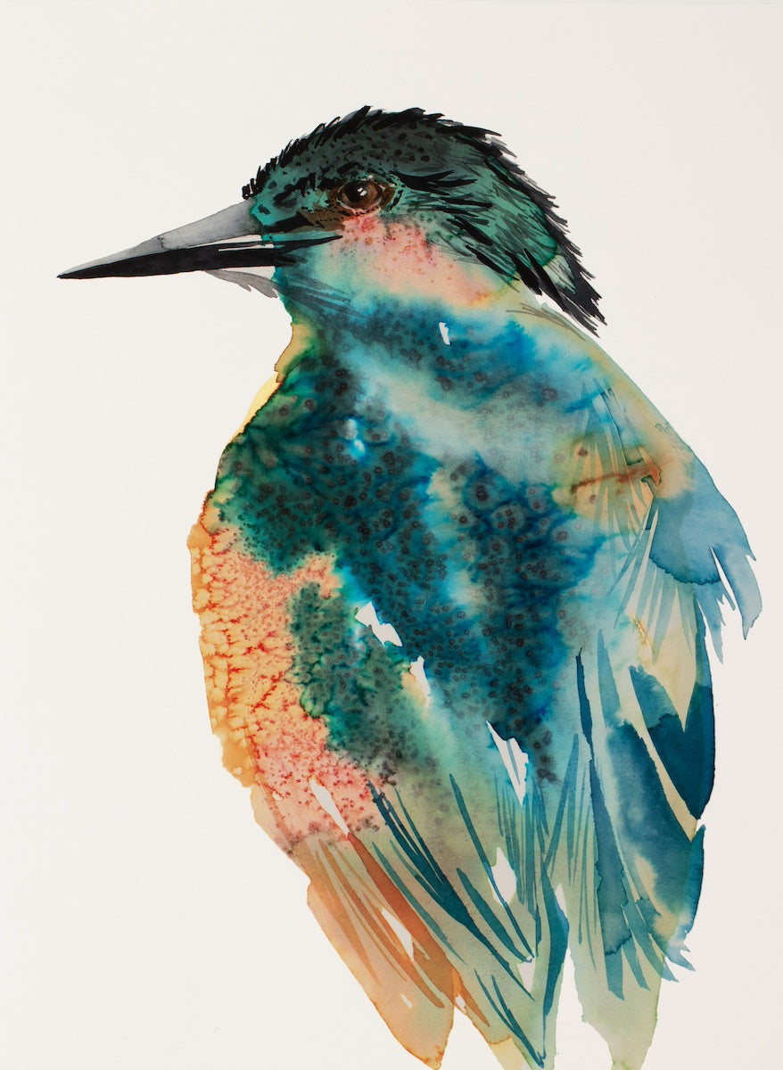 9” x 12” original watercolor wildlife nature painting. Kingfisher bird portrait in a loose, expressive, impressionist, minimalist, modern style with salt texture by contemporary fine artist Elizabeth Becker. Teal, turquoise, blue, green, soft light orange and white colors.