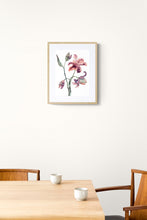 Load image into Gallery viewer, 11&quot; x 15&quot; original watercolor botanical lilies floral bouquet painting in an expressive, loose, watery, minimalist, modern style by contemporary fine artist Elizabeth Becker. Prints available. Coral pink, peach fuzz, burgundy, mauve purple, olive green and white colors. Framed.
