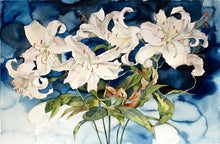 Load image into Gallery viewer, 26” x 39.75” original large-scale watercolor botanical lilies painting, in an expressive style by contemporary fine artist Elizabeth Becker. Dark blue, white and green colors.
