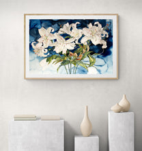 Load image into Gallery viewer, 26” x 39.75” original large-scale watercolor botanical lilies painting, in an expressive style by contemporary fine artist Elizabeth Becker. Dark blue, white and green colors. Framed in a room.
