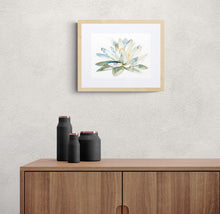 Load image into Gallery viewer, 9&quot; x 12&quot; original watercolor botanical lotus flower painting in an expressive, impressionist, minimalist, modern, loose, watery style by contemporary fine artist Elizabeth Becker. Tranquil, serene, calming, peaceful, spiritual yoga boho wall art. Pale yellow, teal blue and olive green colors with white background. Framed.
