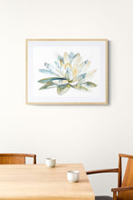 Load image into Gallery viewer, 9&quot; x 12&quot; original watercolor botanical lotus flower painting in an expressive, impressionist, minimalist, modern, loose, watery style by contemporary fine artist Elizabeth Becker. Tranquil, serene, calming, peaceful, spiritual yoga boho wall art. Pale yellow, teal blue and olive green colors with white background. Framed.
