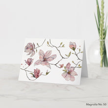 Load image into Gallery viewer, Greeting card featuring print of watercolor painting by contemporary artist Elizabeth Becker. Blank inside for any occasion. Botanical flower, magnolia floral branches and leaves. Soft pink, olive green and white colors.  Loose, expressive, minimalist, modern watercolor art.
