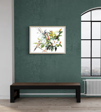 Load image into Gallery viewer, 22” x 30” original watercolor painting. Northern Flicker woodpeckers and southern magnolia flowers. Pair of two birds in floral tree branches. Large-scale Audubon-inspired botanical wildlife illustration in an expressive, minimalist, modern, abstract style by contemporary fine artist Elizabeth Becker. Monochromatic dark green, olive and white colors.

