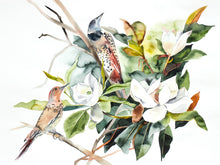 Load image into Gallery viewer, 22” x 30” original watercolor painting. Northern Flicker woodpeckers and southern magnolia flowers. Pair of two birds in floral tree branches. Large-scale Audubon-inspired botanical wildlife illustration in an expressive, minimalist, modern, abstract style by contemporary fine artist Elizabeth Becker. Monochromatic dark green, olive and white colors.
