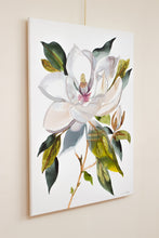 Load image into Gallery viewer, 24" x 36" original watercolor Southern Magnolia flower painting on canvas. Varnished and ready-to-hang. Expressive, loose, watery, abstract, minimalist, modern style by contemporary fine artist Elizabeth Becker. Inspired by Vintage Botanical Illustration. Prints available. Neutral, monochromatic white and olive green colors.
