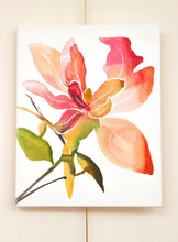 Load image into Gallery viewer, 16&quot; x 20&quot; original acrylic or watercolor botanical abstract magnolia flower painting on canvas. Varnished and ready-to-hang. Expressive, loose, watery, minimalist, modern style by contemporary fine artist Elizabeth Becker. Prints available. Bright, vibrant and colorful. Peach, fuchsia pink, red olive green, yellow ochre and white colors.
