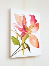 Load image into Gallery viewer, 16&quot; x 20&quot; original acrylic or watercolor botanical abstract magnolia flower painting on canvas. Varnished and ready-to-hang. Expressive, loose, watery, minimalist, modern style by contemporary fine artist Elizabeth Becker. Prints available. Bright, vibrant and colorful. Peach, fuchsia pink, red olive green, yellow ochre and white colors.
