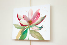 Load image into Gallery viewer, 16&quot; x 20&quot; original acrylic or watercolor botanical abstract magnolia flower painting on canvas. Varnished and ready-to-hang. Expressive, loose, watery, minimalist, modern style by contemporary fine artist Elizabeth Becker. Prints available. Bright, vibrant and colorful. Fuchsia pink, olive green and white colors.

