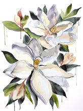 Load image into Gallery viewer, 30" x 40" original watercolor botanical southern magnolia flowers painting on canvas. Varnished and ready-to-hang. Expressive, impressionist, loose, watery, moody, minimalist, modern style by contemporary fine artist Elizabeth Becker. Prints available. Monochromatic dark green, olive and white colors.
