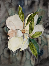 Load image into Gallery viewer, 22.5&quot; x 30&quot; original watercolor botanical magnolia floral painting in an expressive baroque style by contemporary fine artist Elizabeth Becker 
