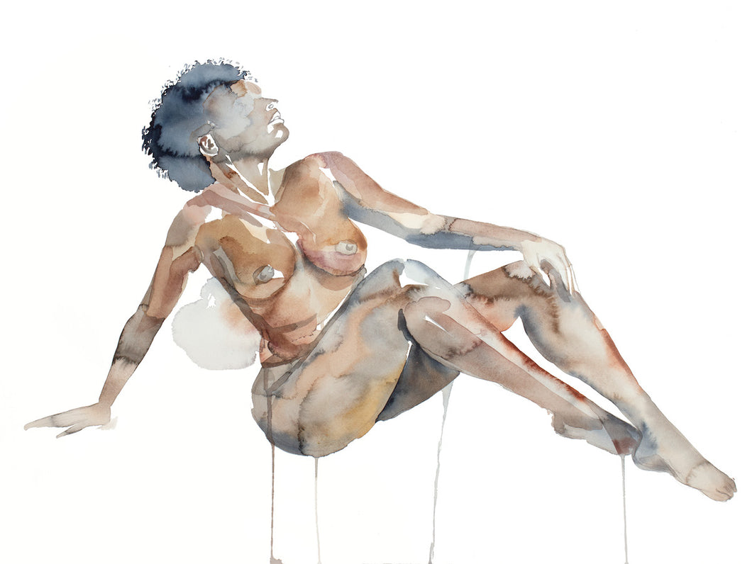 22.5” x 30” original watercolor nude figure gesture painting of seated woman in an expressive, impressionist, minimalist, modern style by contemporary fine artist Elizabeth Becker. Large-scale African American art. Black lives matter. 