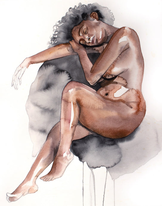 16” x 20” original watercolor nude seated figure painting of African American woman / female in an expressive, impressionist, minimalist, modern style by contemporary fine artist Elizabeth Becker. Black Lives Matter artwork.