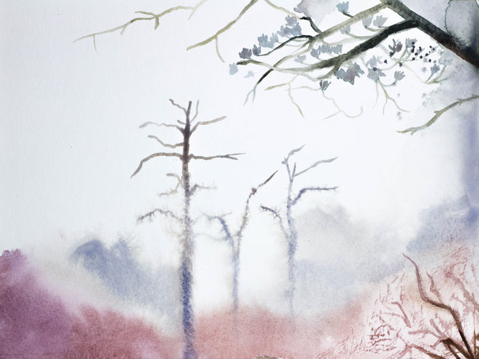 9” x 12” original watercolor abstract foggy landscape painting of trees in an ethereal, expressive, impressionist, minimalist, modern style by contemporary fine artist Elizabeth Becker