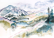 Load image into Gallery viewer, 26” x 37” original watercolor abstract landscape painting of Colorado mountains in an ethereal, expressive, impressionist, minimalist, modern style by contemporary fine artist Elizabeth Becker

