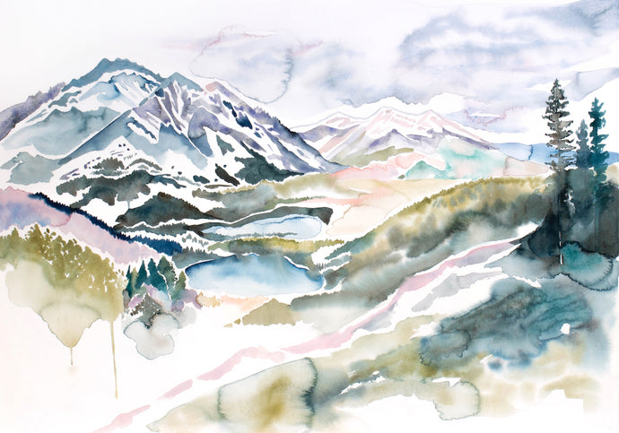 26” x 37” original watercolor abstract landscape painting of Colorado mountains in an ethereal, expressive, impressionist, minimalist, modern style by contemporary fine artist Elizabeth Becker