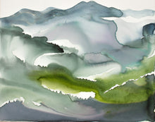 Load image into Gallery viewer, 16” x 20&quot; original watercolor painting on canvas. Abstract appalachian landscape of mountain layers in an expressive, impressionist, loose, watery, ethereal, minimalist, modern style by contemporary fine artist Elizabeth Becker. Inspired by Asheville, North Carolina or Colorado. Monochromatic muted blue, green and white colors.
