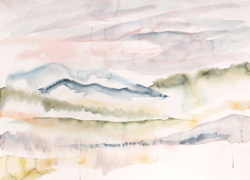 22” x 30” original watercolor abstract landscape painting of Colorado mountains in an ethereal, expressive, impressionist, minimalist, modern style by contemporary fine artist Elizabeth Becker