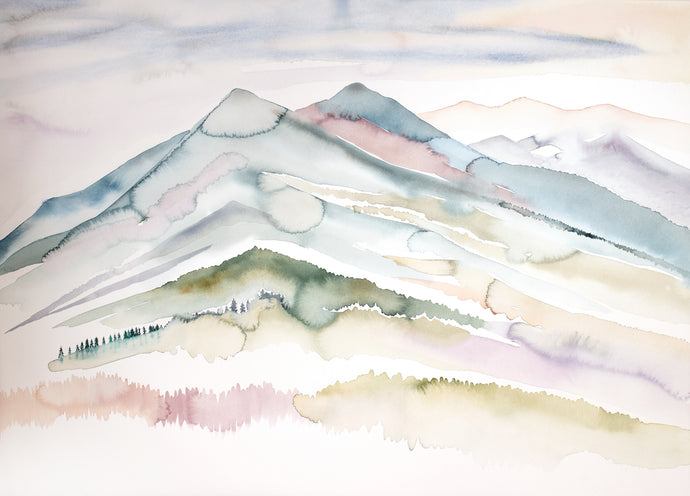 25 3/4” x 36” original watercolor abstract landscape painting of mountain layers in an ethereal, expressive, impressionist, minimalist, modern style by contemporary fine artist Elizabeth Becker