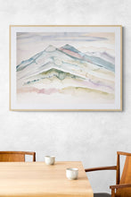 Load image into Gallery viewer, 25 3/4” x 36” original watercolor abstract landscape painting of mountain layers in an ethereal, expressive, impressionist, minimalist, modern style by contemporary fine artist Elizabeth Becker. Framed in a dining room.
