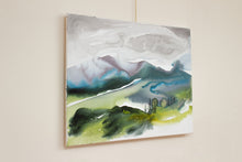 Load image into Gallery viewer, 30” x 40&quot; original watercolor painting on canvas. Abstract landscape of foggy misty mountain layers and pine tree forest in an expressive, impressionist, loose, watery, flowing, ethereal, minimalist, modern, moody style by contemporary fine artist Elizabeth Becker. Inspired by Asheville, North Carolina or Colorado. Muted monochromatic blue, light green, teal, turquoise, gray and white colors.
