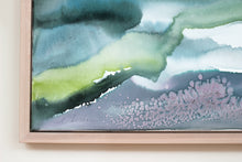 Load image into Gallery viewer, 24” x 36&quot; original watercolor painting on canvas in 26&quot; x 38&quot; natural maple solid wood floater frame. Abstract landscape of foggy misty mountain layers with pine trees in an expressive, impressionist, loose, watery, ethereal, minimalist, modern, moody style by contemporary fine artist Elizabeth Becker. Inspired by Asheville, North Carolina or Colorado. Muted monochromatic blue, green and white colors.
