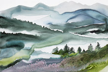 Load image into Gallery viewer, 24” x 36&quot; original watercolor painting on canvas in 26&quot; x 38&quot; natural maple solid wood floater frame. Abstract landscape of foggy misty mountain layers with pine trees in an expressive, impressionist, loose, watery, ethereal, minimalist, modern, moody style by contemporary fine artist Elizabeth Becker. Inspired by Asheville, North Carolina or Colorado. Muted monochromatic blue, green and white colors.
