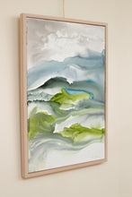 Load image into Gallery viewer, 24” x 36&quot; original watercolor painting on canvas in 26&quot; x 38&quot; natural maple solid wood floater frame. Abstract landscape of foggy misty mountain layers in an expressive, impressionist, loose, watery, flowing, ethereal, minimalist, modern, moody style by contemporary fine artist Elizabeth Becker. Inspired by Asheville, North Carolina or Colorado. Muted monochromatic blue, green, teal, turquoise and white colors.
