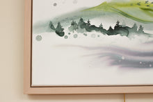Load image into Gallery viewer, 18” x 24" original watercolor painting on canvas. Abstract landscape of foggy misty mountains with pine trees and flying birds in an expressive, impressionist, loose, watery, ethereal, minimalist, modern style by contemporary fine artist Elizabeth Becker. Muted monochromatic blue, green, gray and purple colors.
