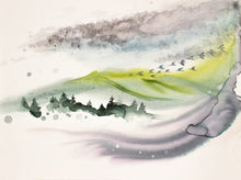 Load image into Gallery viewer, 18” x 24" original watercolor painting on canvas. Abstract landscape of foggy misty mountains with pine trees and flying birds in an expressive, impressionist, loose, watery, ethereal, minimalist, modern style by contemporary fine artist Elizabeth Becker. Muted monochromatic blue, green, gray and purple colors.

