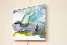 Load image into Gallery viewer, 16” x 20&quot; original watercolor painting on canvas. Abstract landscape of foggy misty mountain forest with pine trees and flying birds in an expressive, impressionist, loose, watery, ethereal, minimalist, modern style by contemporary fine artist Elizabeth Becker. Blue, green and purple iridescent jewel tones
