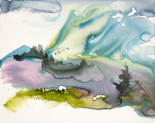 Load image into Gallery viewer, 16” x 20&quot; original watercolor painting on canvas. Abstract landscape of foggy misty mountain forest with pine trees and flying birds in an expressive, impressionist, loose, watery, ethereal, minimalist, modern style by contemporary fine artist Elizabeth Becker. Blue, green and purple iridescent jewel tones
