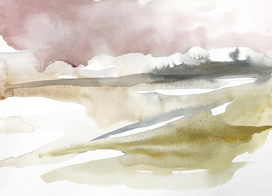 9” x 12” original watercolor abstract landscape painting in an ethereal, expressive, impressionist, minimalist, modern style by contemporary fine artist Elizabeth Becker