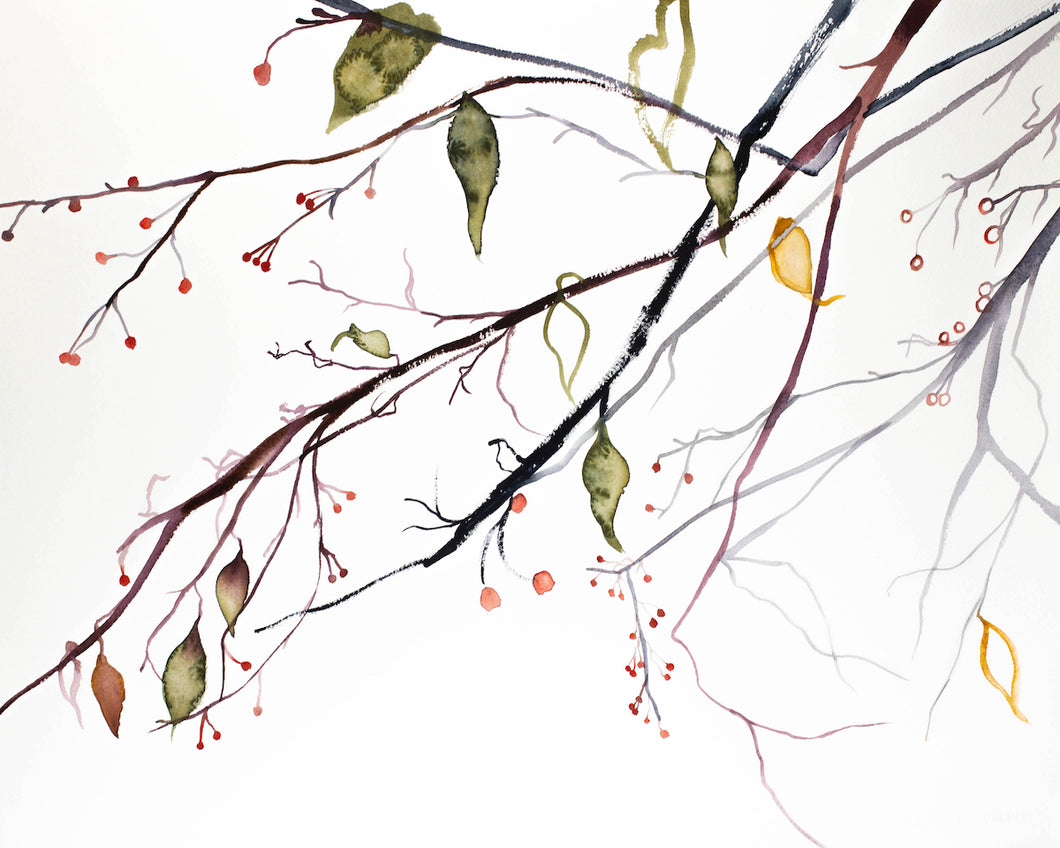 16” x 20” original watercolor botanical nature painting of leaves and branches with muted moody colors in an expressive, impressionist, minimalist, modern style by contemporary fine artist Elizabeth Becker
