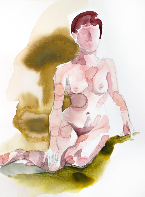 11” x 15” original watercolor nude female figure painting in an abstract, expressive, watery, impressionist, minimalist, modern style by contemporary fine artist Elizabeth Becker. Peach, coral pink, olive green and white colors.