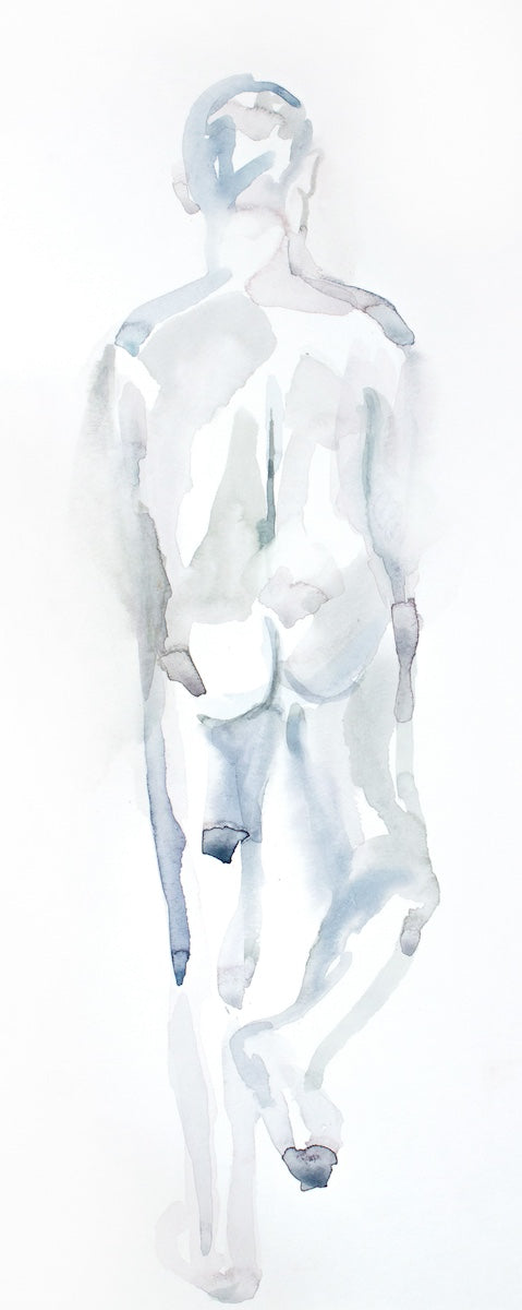 9” x 2” original nude male figure painting in an expressive, impressionist, minimalist, modern, delicate, ethereal style by contemporary fine artist Elizabeth Becker. Soft, pale, light blue, gray and white colors.